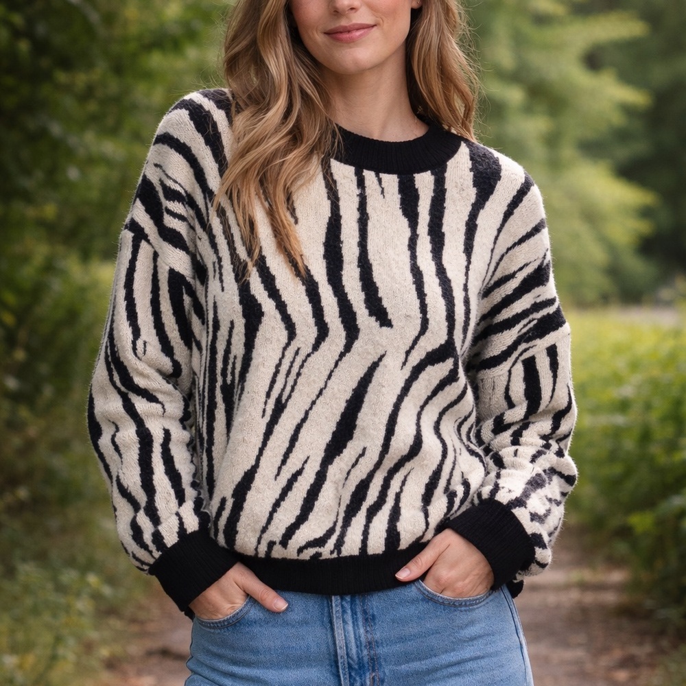 Endless Rose Black and Cream Zebra Print Men's Sweater (BR666)